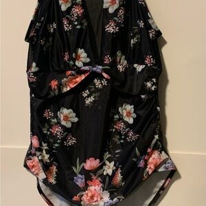 Swimsuit Women's Large black w floral design Mesh, waist tie halter neckline